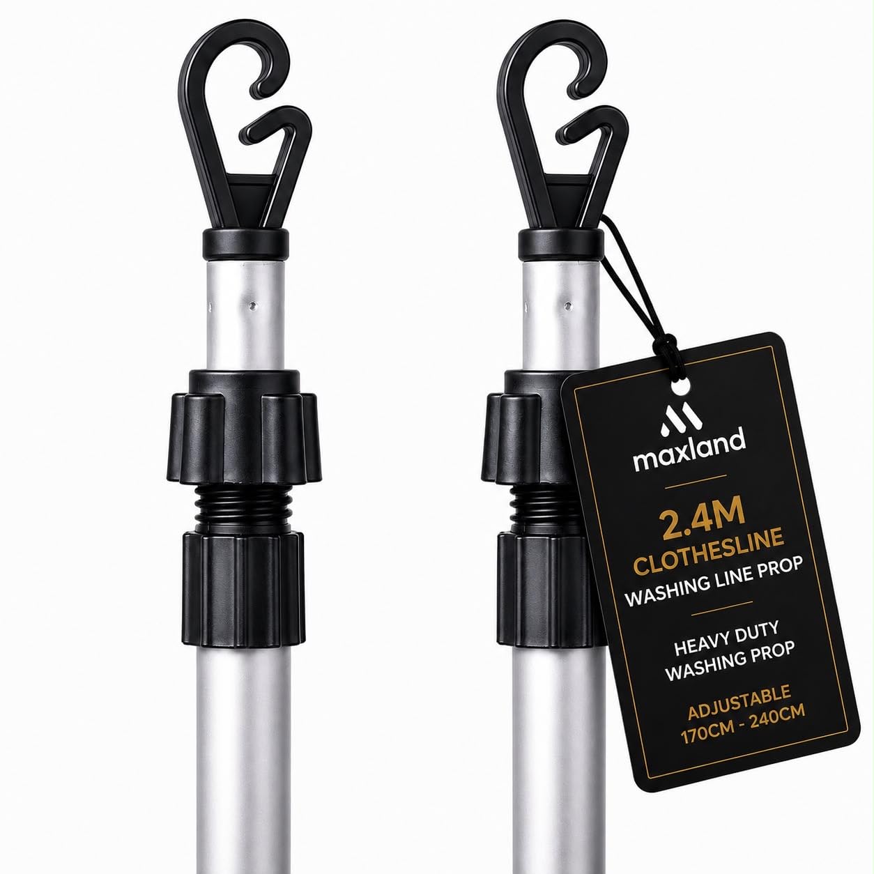 Maxland Silver Pack Of 2 Telescopic Washing Line Prop Pole Clothesline Heavy Duty Garden Dry Clothes Drying Airer Support Clothes Line Pole Galvanised Laundry Outdoor Washing Line Poles Extenedable 2.4M