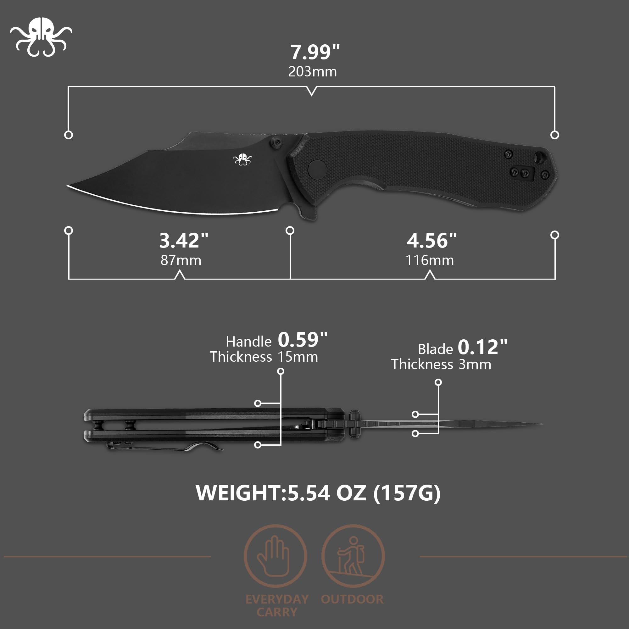 KLAKEN Specter Broad D2 Folding Pocket Knife, G10 Survival Outdoor Knife view 7