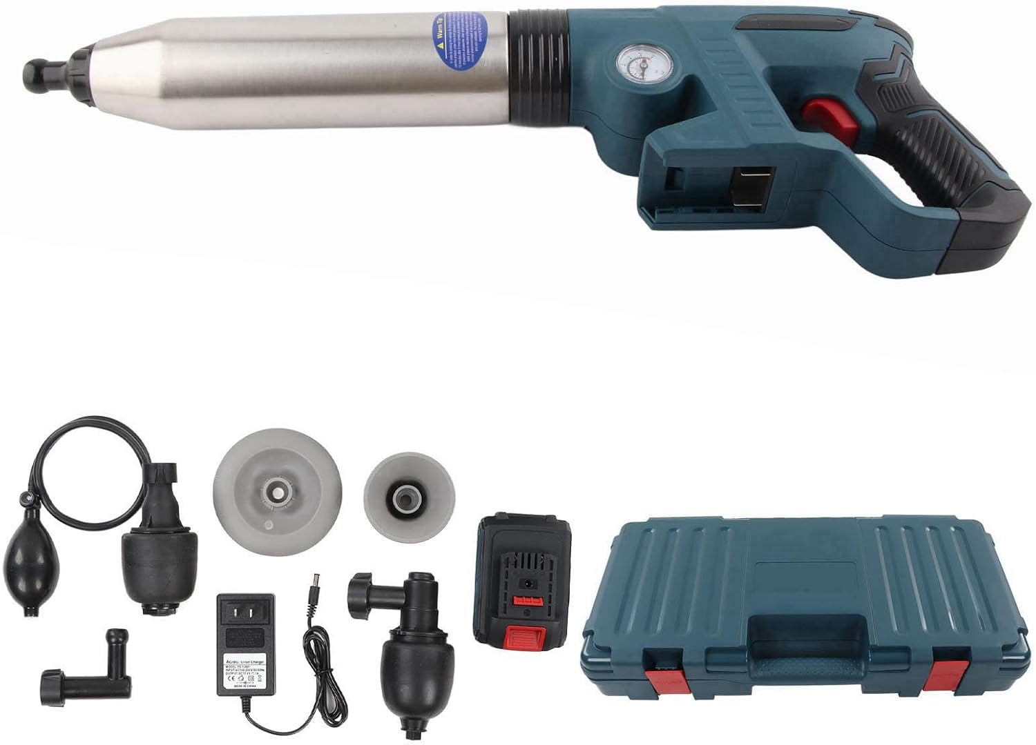 Electric Toilet Plunger and Pipe Unclogger with 2000mAh Lithium Battery - High Pressure Heavy Duty Air Tool with Stainless Steel and Nylon Housing - 0 to 6 Bar Range