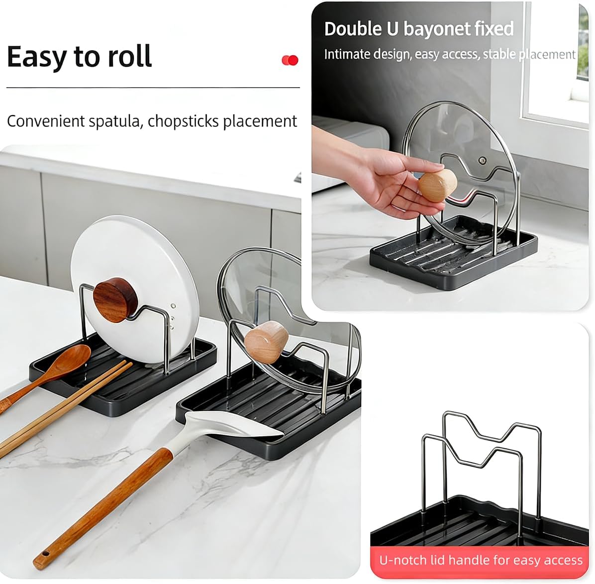 Pot lid Holder And Spoon Rest, 2 Layers Lid And Spoon Rest Pot Lid Organizer With Drip Tray, Multifunction Kitchen Gadget Rack For Cooking (Black) image 5
