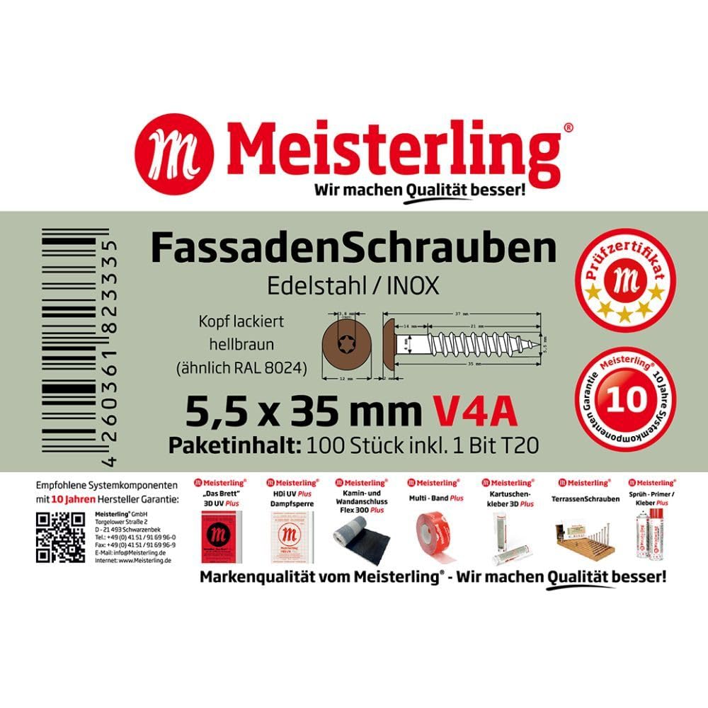 Lot de 100 vis de façade, en acier inoxydable V4A, 5,5 x 35 mm, tête plate Torx T20, marron clair + 1 embout