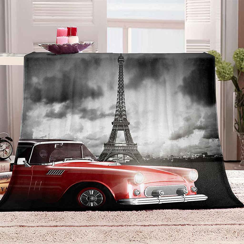 Couverture polaire Tour Eiffel grise en flanelle microfibre 150x200cm pour lit et canapé