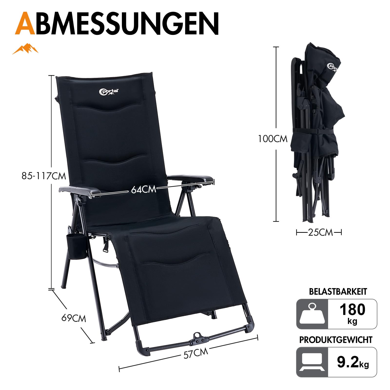 Portal Liegestuhl Klappbar Garten Campingstuhl Faltbar mit Fußablage 180KG Klappliege mit Zero-Gravity-Funktion Sonnenliege im Bündel-Falt-Design verstellbare Liege für Terrasse Strand Indoor