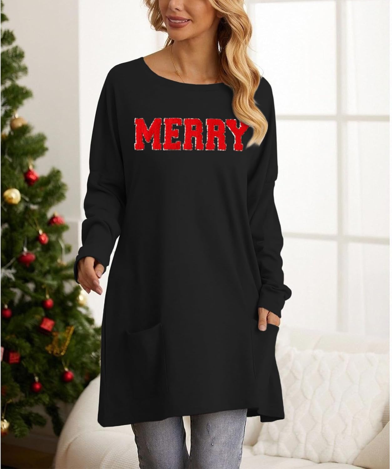 CM C&M WODRO Women Merry Christmas Shirts Long Sleeve Glitter Patch Tunic Top Xmas Pullover Blouse Holiday Outfit with Pocket - Image 4