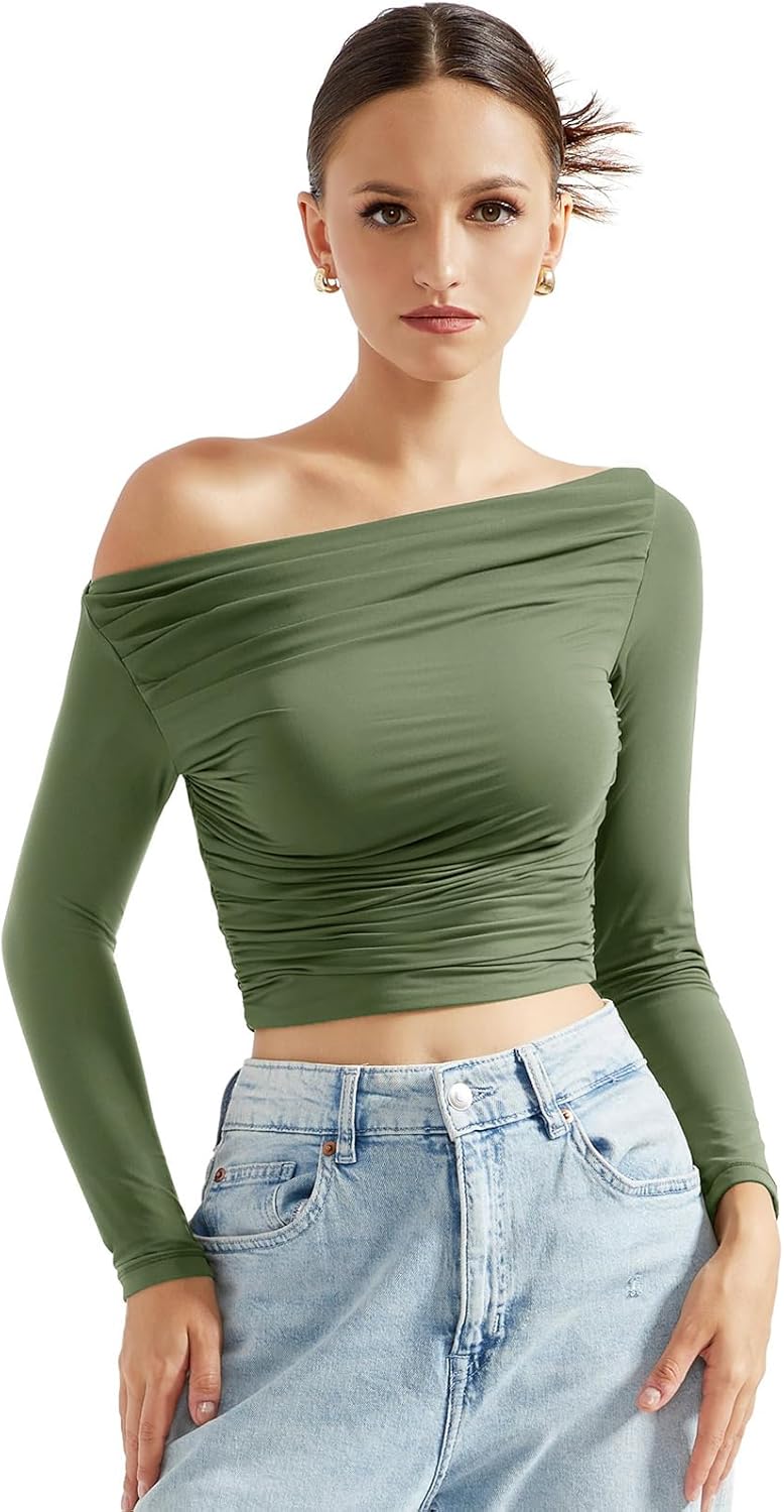 SUUKSESS Women Off Shoulder Long Sleeve Shirts Double Lined Fitted Crop Tops - Image 2