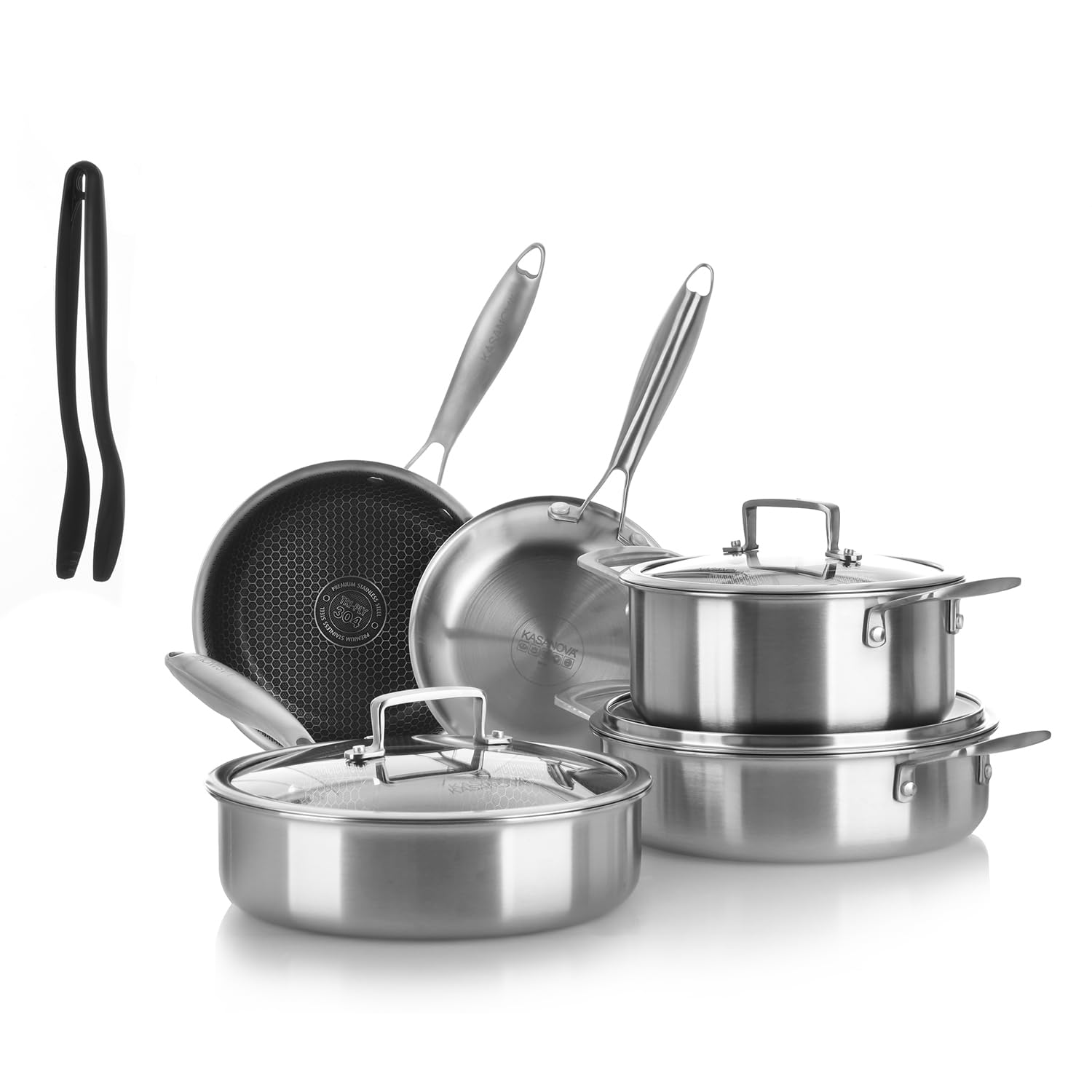 KASANOVA Tri-Ply Batería de Ollas y Sartenes de Acero Inoxidable de Triple Capa – Núcleo de Aluminio, Superficie Antiadherente en Panal, Apta para Inducción y Todo Tipo de Cocinas (9)
