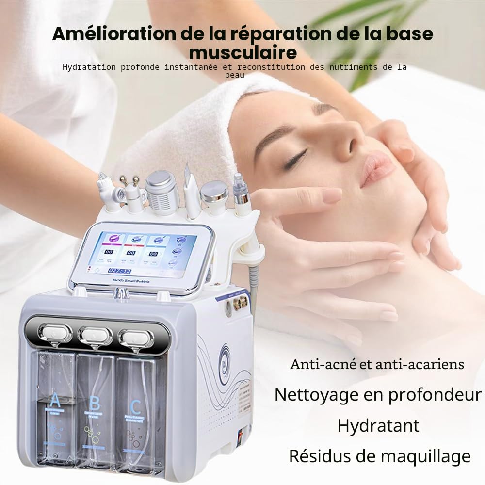 Machine de beauté 6 en 1 à hydrogène et oxygène - Système avancé de soin du visage avec 6 embouts - Appareil d'aquagofacial - Pour salon de beauté personnel à la maison - Blanc