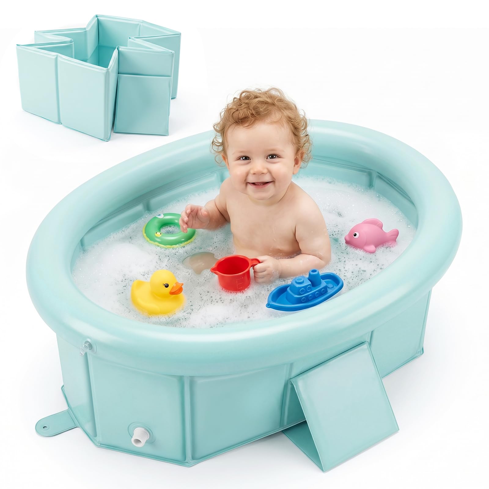 Orzbow Baby Bath tub with Inflatable Top Edge, Foldable Baby Bath Without Assembly, Portable Toddler Bath Tub for Infant Kids 6M - 6Y, Extra Stable & Durable, Baby Travel Essentials, Green