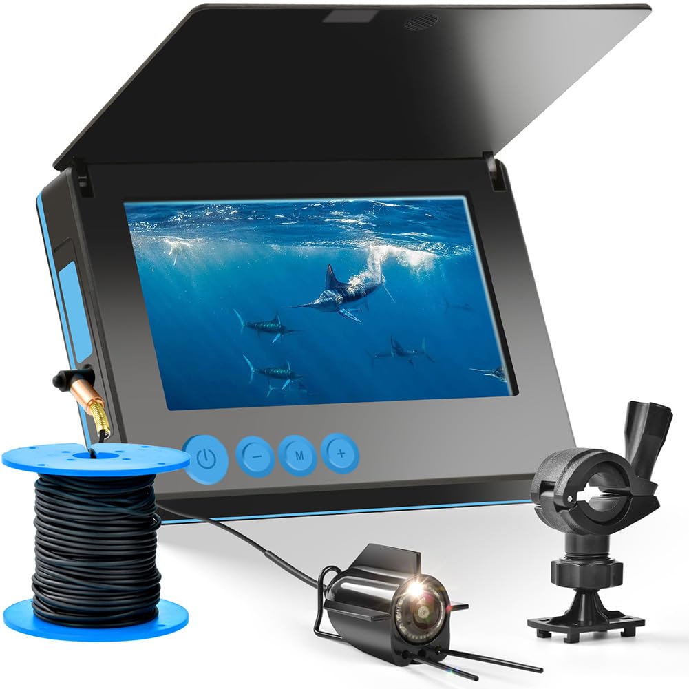 Fishfinder - Telecamera subacquea da pesca, grandangolare a 220°, visione notturna a infrarossi, impermeabile, con display da 4,3", per pesca su ghiaccio/lago/barca (50 m)