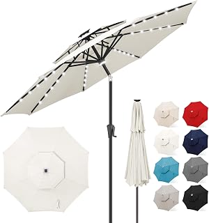 FLAME&SHADE Solar Patio Umbrella with Centre Light, 9FT 2 Tiers, Ivory