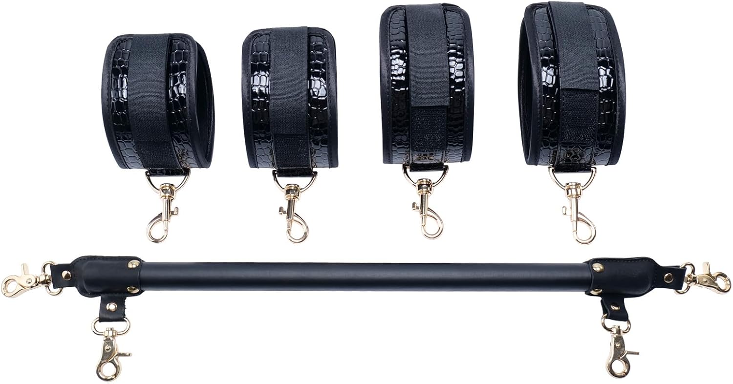 Wooden Black PU Spreader Bar with 4pcs PU Black Crocodile Adjustable Straps,Workout Bar for Home Gym Training Bar,Portable Detachable Pilates Kit