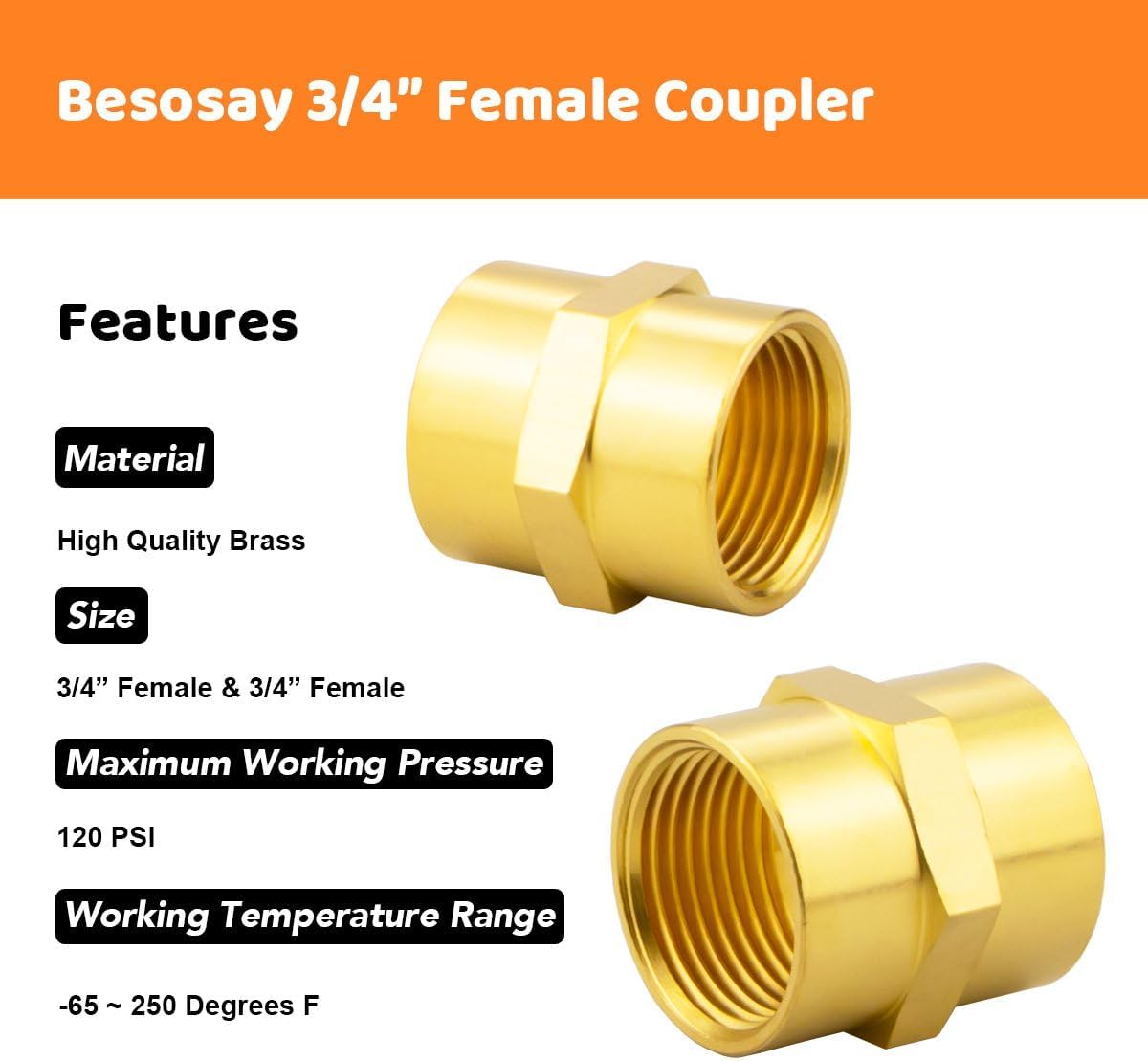 (2 Pack) Besosay 3/4 Inch Brass Coupler Coupling Reducer Adapter Fittings, 3/4" NPT Female x 3/4" NPT Female Hex Nipple, 3/4 Inch Air Hose Pipe Fitting