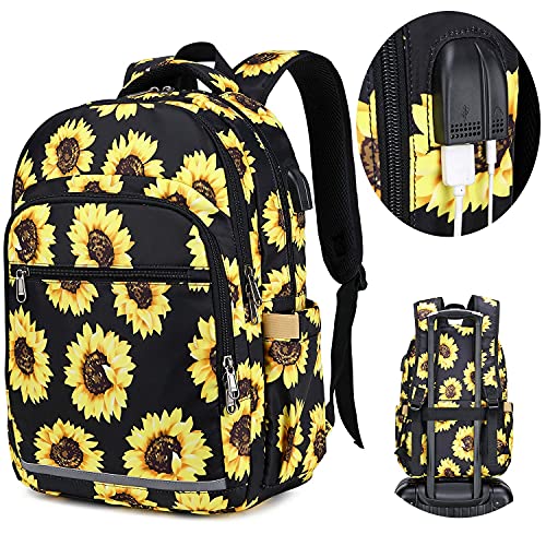 Bluboon Backpack For Women 15.6 Inch Laptop Bookbag College School Backpack Girls Floral Schoolbag Compartment Daypack For Business Travel With Usb Charging Port And Headphone Interface Sunflower #TOP5