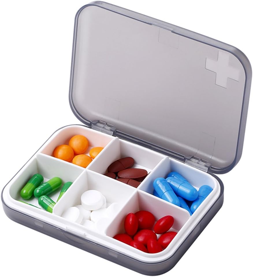 ZDQZC Pill Organizer - Portable Pill Box Small Pill Container for Purse or Pocket, Excellent Pill Storage Case Gray, 6 Compartment