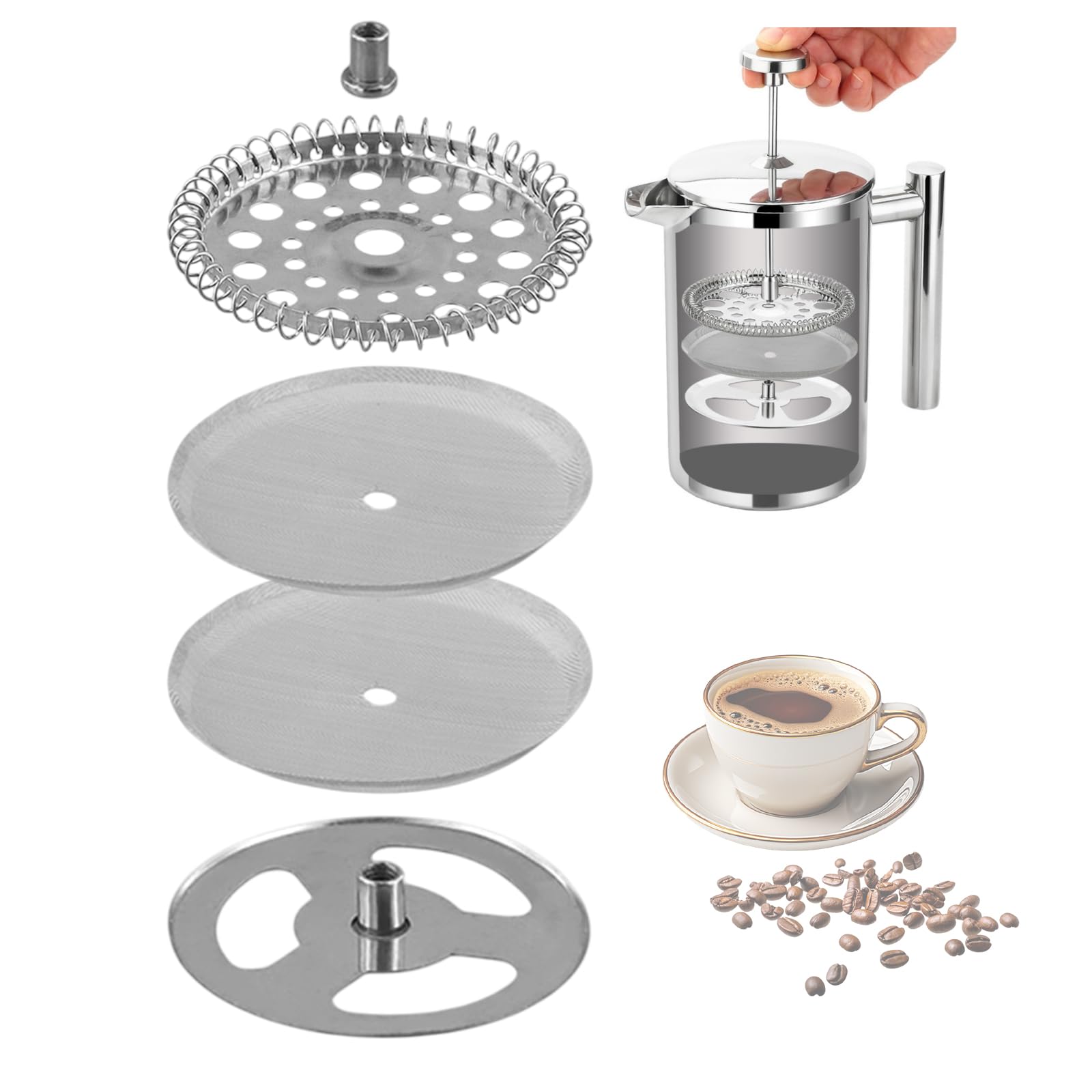CRIDENG French Press Filter, Stainless Steel French Press Coffee Filters With Spiral Disk, French Press Screen Replacement, French Press Glass Replacement, Coffee Strainer