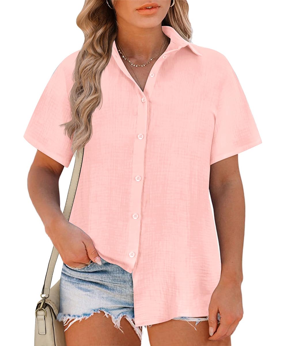 RITERA Womens Plus Size Tops Button Down Roll-Up Cuffed Short Sleeve Casual Shirts Collared Summer Lightweight Blouse XL-5XL