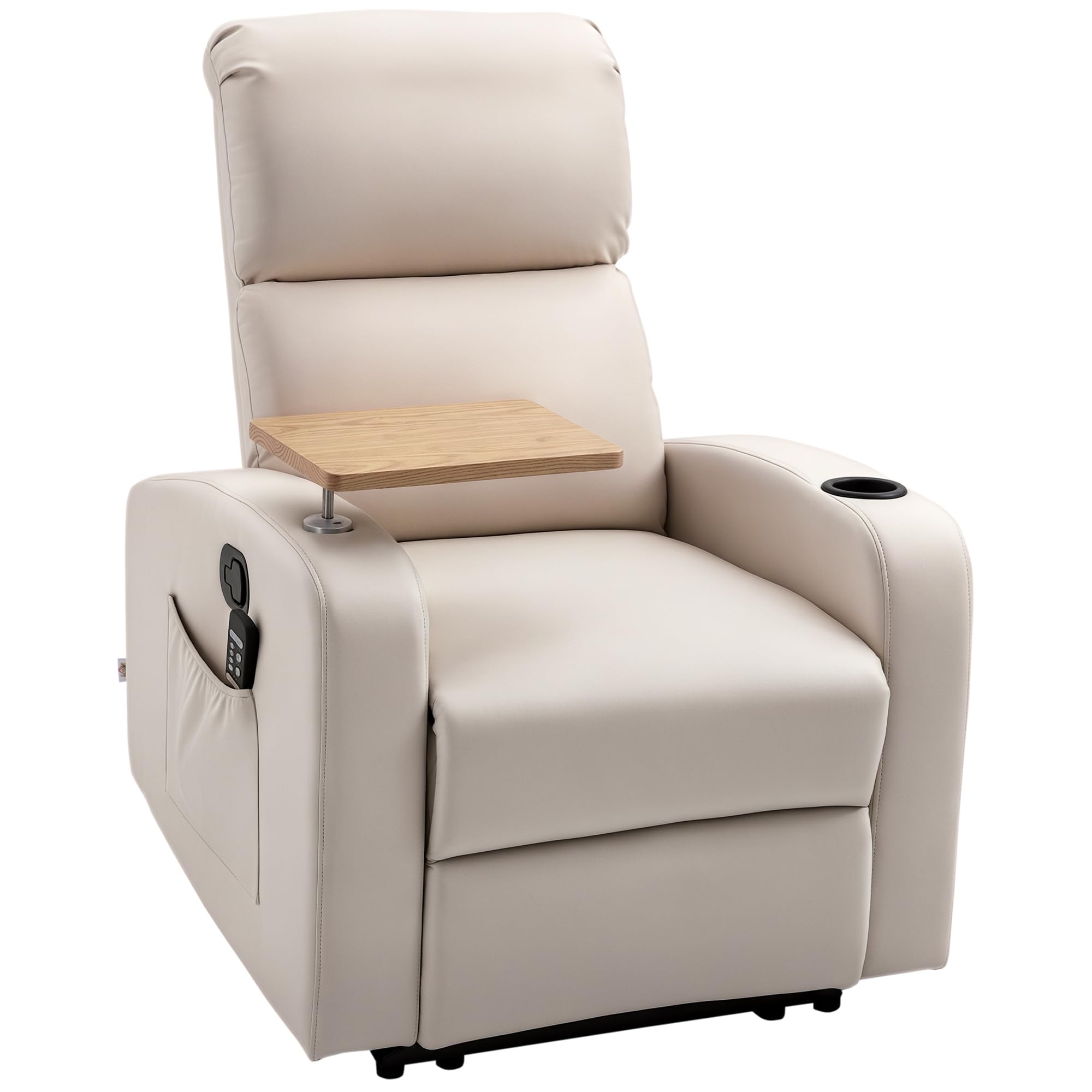 HOMCOM Sillón de Masaje con 8 Puntos de Masaje Sillón Relax Eléctrico Sofá Relax con 4 Modos Reclinación 145° Mando a Distancia Mesita 2 Bolsillos Laterales y Posavasos 77x93x105 cm Beige