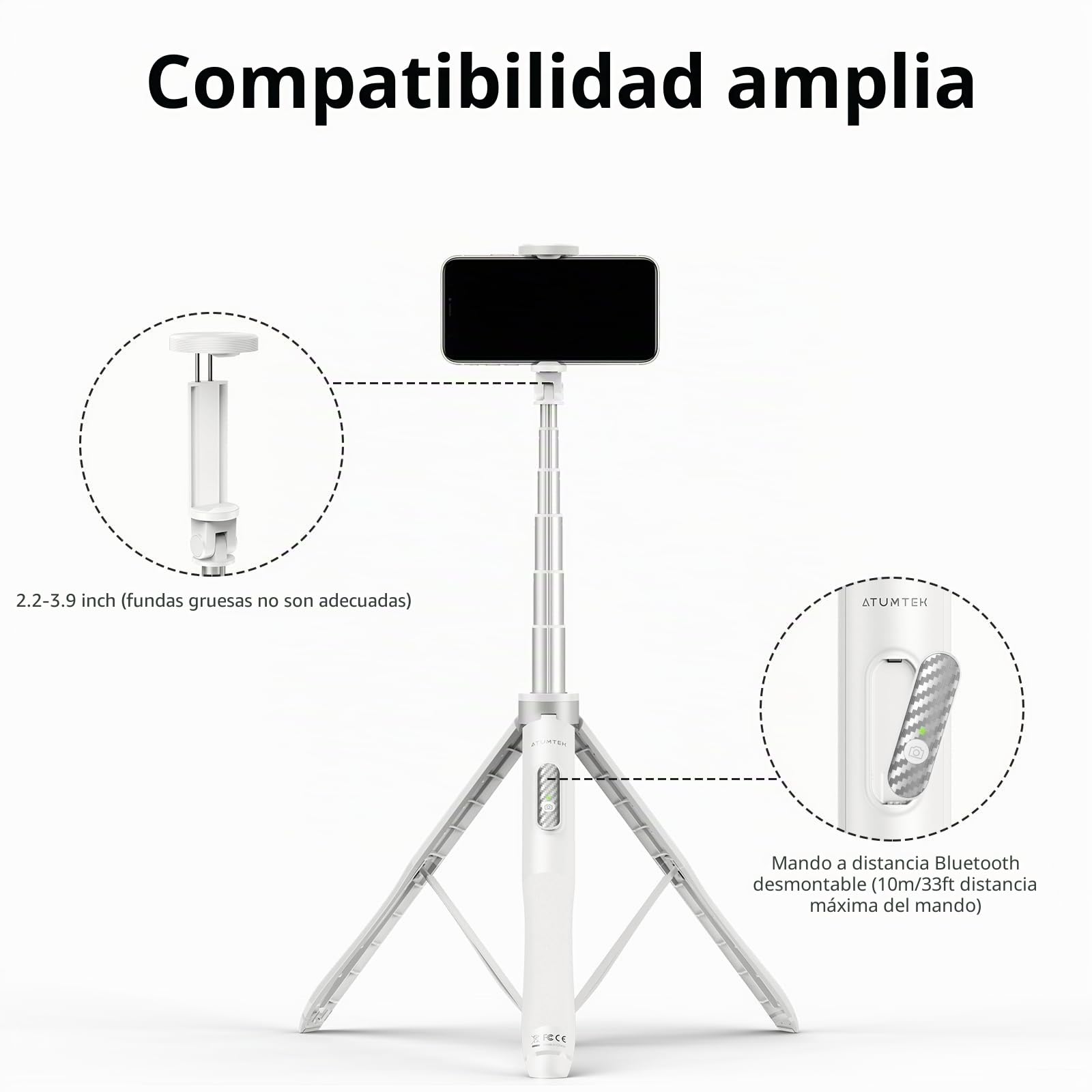 ATUMTEK 51 '' Palo Selfie trípode, Selfie Stick con Aluminio Resistente y pies Antideslizantes, trípode Smartphone TikTok para iPhone y Android, grabación de vídeo, bloging, transmisión en Directo