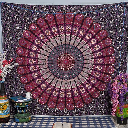 Tapisserie murale Mandala paon violet et rose 228x274 cm
