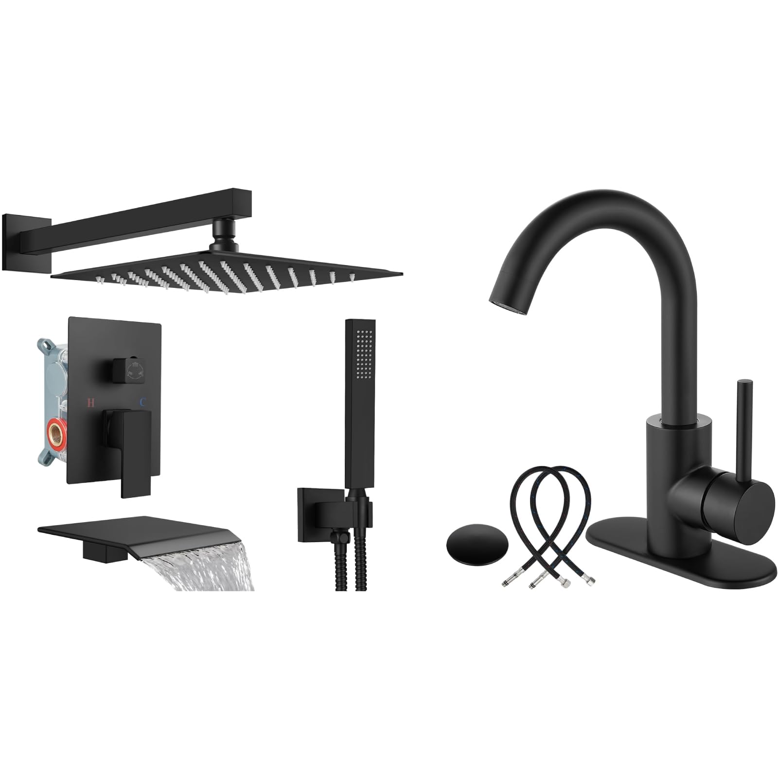 Hcfyauis Women's Black Matte 12 Inch Rainfall Shower System Shower Faucet Set With Single Hole Wet Bar Sink Faucet Kitchen Sink Faucet