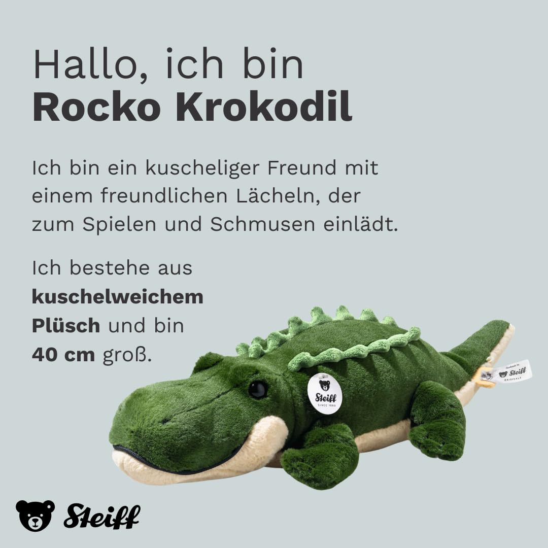 Steiff Kuscheltier Teddies for Tomorrow Rocko Krokodil, Süßes Stofftier mit Kunststoffaugen, Kinder, Jungen & Mädchen, Plüschtier 40 cm, Khaki, 085536
