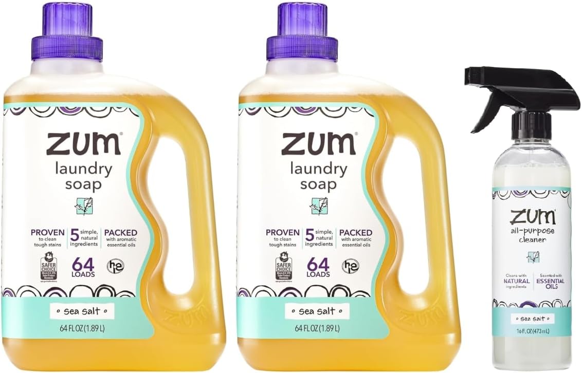 Zum by Indigo Wild Laundry & Home Cleaning Bundle – Sea Salt – Plant-Based Liquid Laundry Soap (64 fl oz, 2 Pack) + Natural All-Purpose Surface Cleaner (16 fl oz)