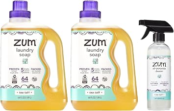 Zum by Indigo Wild Laundry & Home Cleaning Bundle Sea Salt Plant-Based Liquid Laundry Soap 64 fl oz, 2 Pack + Natural All-Purpose Surface Cleaner 16 fl oz