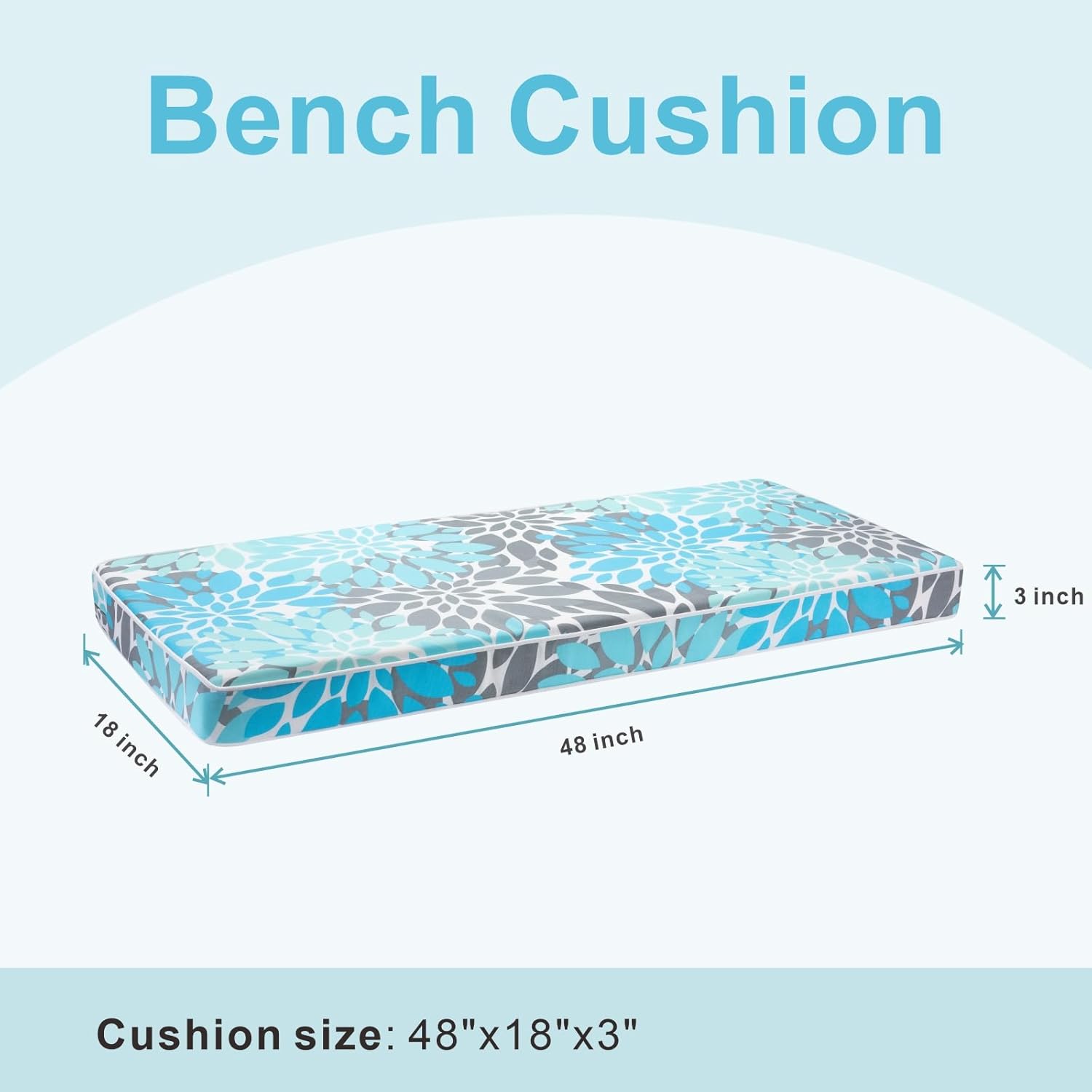 JMGBird Outdoor Patio Bench Cushion 48x18 Inch - Waterproof with Ties, 3" Thick Comfort Foam, Weather Resistant Light Blue and Grey 48×18 Inch