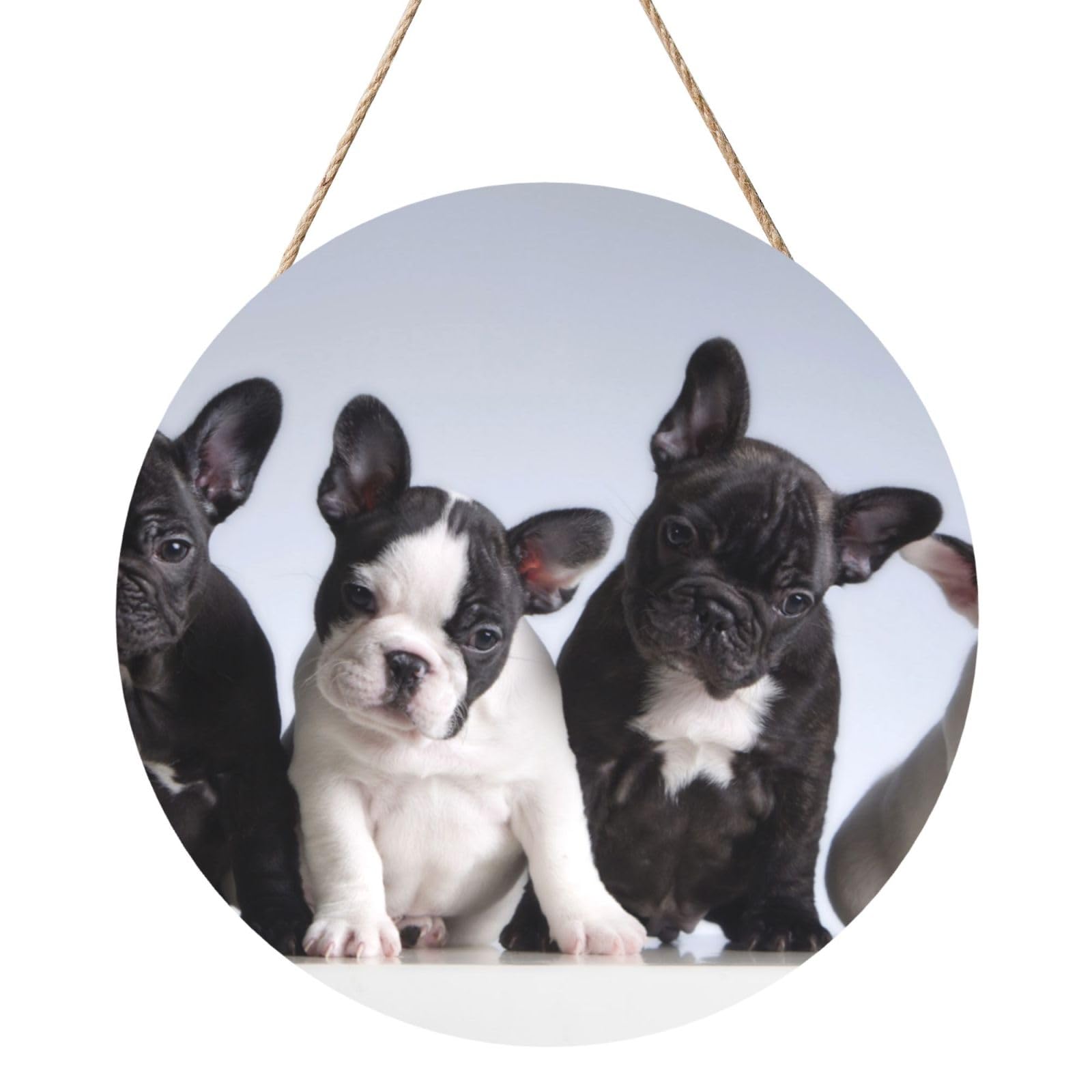 InOmak Cute French Bulldog Puppies, Round Wood Panel Painting 12 in, Wall Hanging Painting For Home