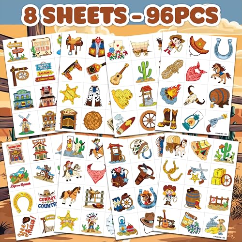 Image of 96 PCS Pre-Cut Cowboy Temporary Tattoos for Kids Birthday Party Favors | Super Cute Western Rodeo Horse Themed Supplies, Decorations, Fake Tattoo Stickers for Boys