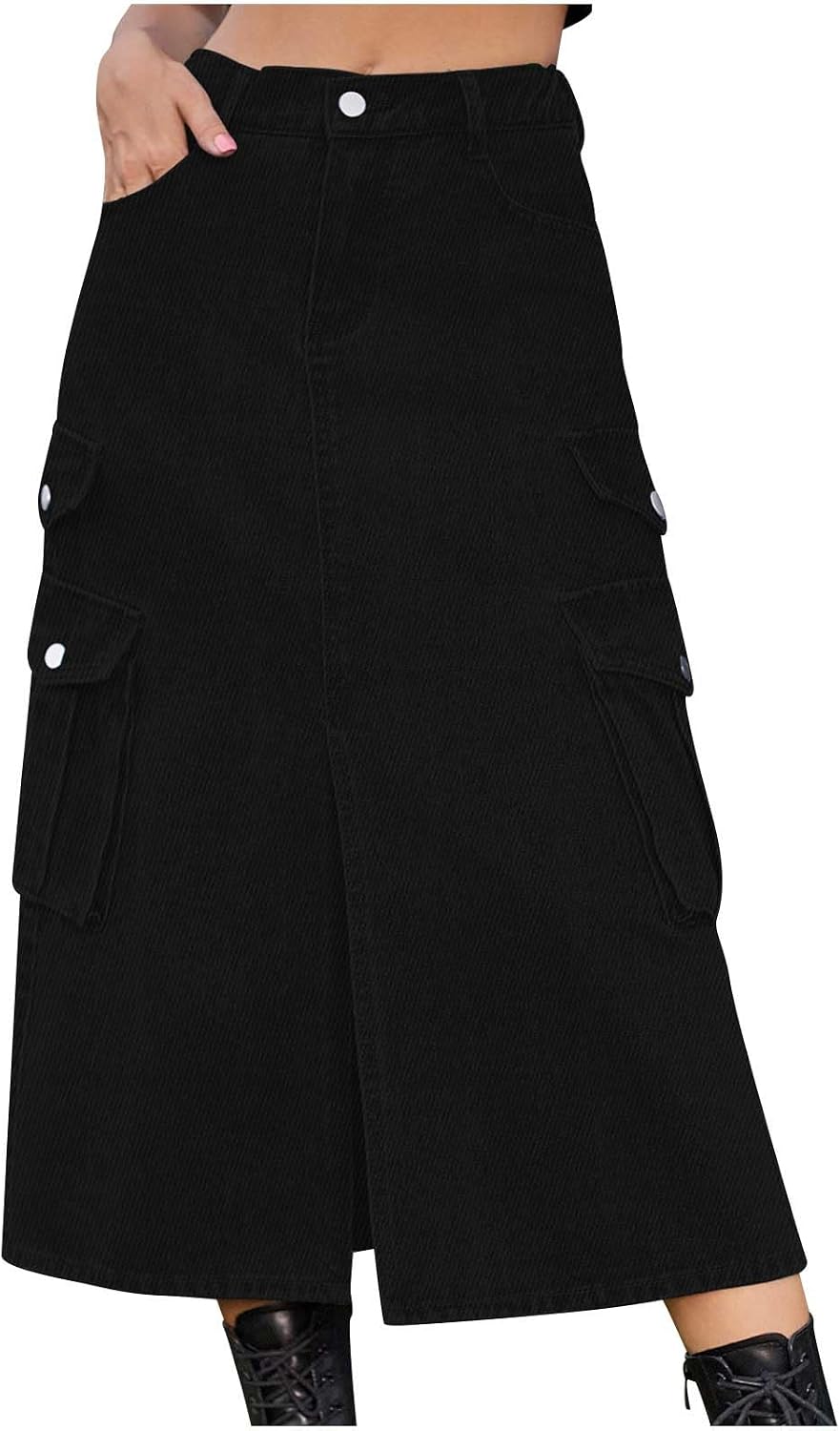 Women's Denim Skirt Midi Skirts Split Front Streetwear Teen Girls' Elastic | Summer Waisted Long Cargo Jean 6 Pockets
