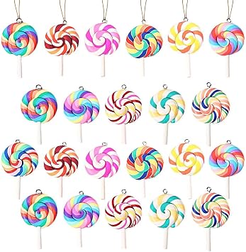 24 Pcs Christmas Lollipop Hanging Ornaments, Multicolor | Colorful Mini Candy Cane Hanging Ornaments, Polymer Clay Peppermint Pendants, for Xmas Tree Party Home Decorations