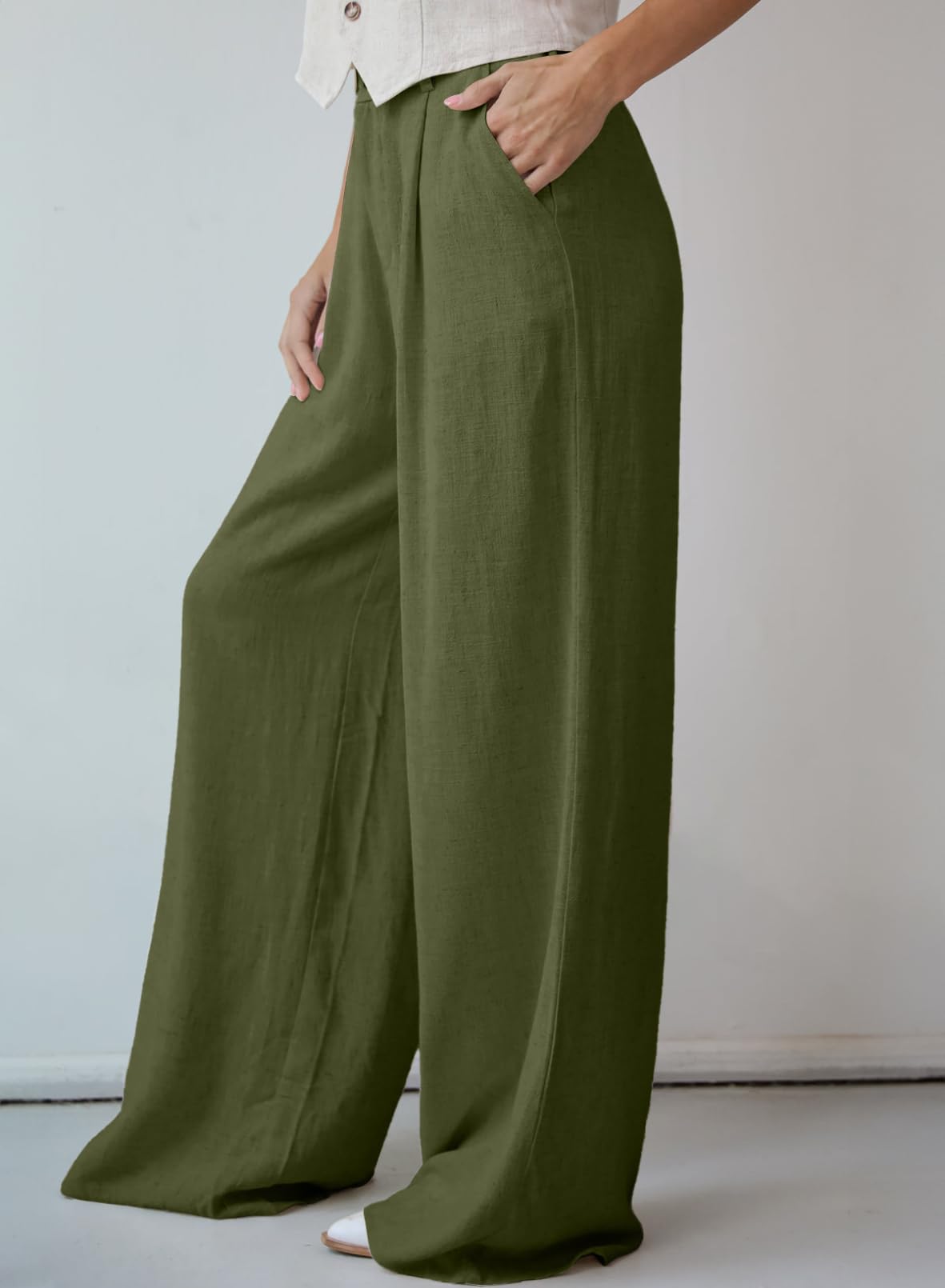 Dokotoo Womens Linen Pants Casual Loose Wide Leg Pants for Women Elastic Waist Palazzo Pants Trousers with Pockets: Small Green
