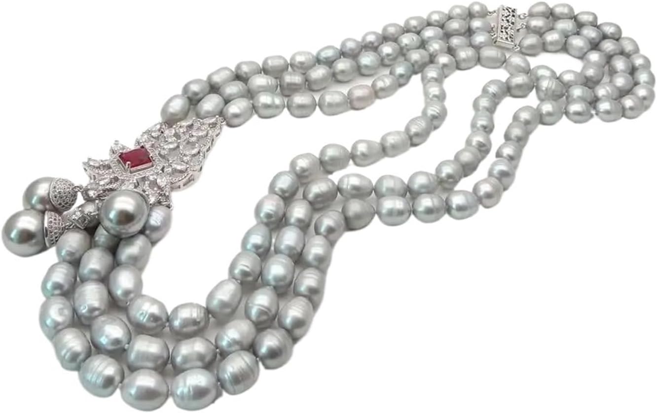 22" 3 Strands Gray Rice freshwater Pearl Necklace Sea Shell Pear Cubic Zirconia flame shape connector necklace for women