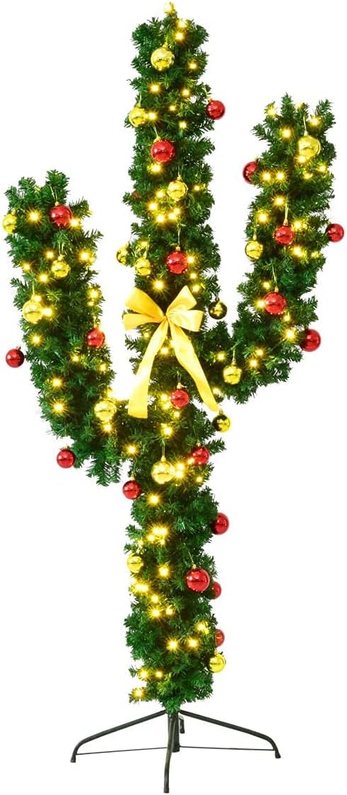 Goplus 5 FT Pre-Lit Artificial Cactus Christmas Tree with 90 LED Lights and Ball Ornaments, Perfect Holiday Decoration Indoor Xmas Tree