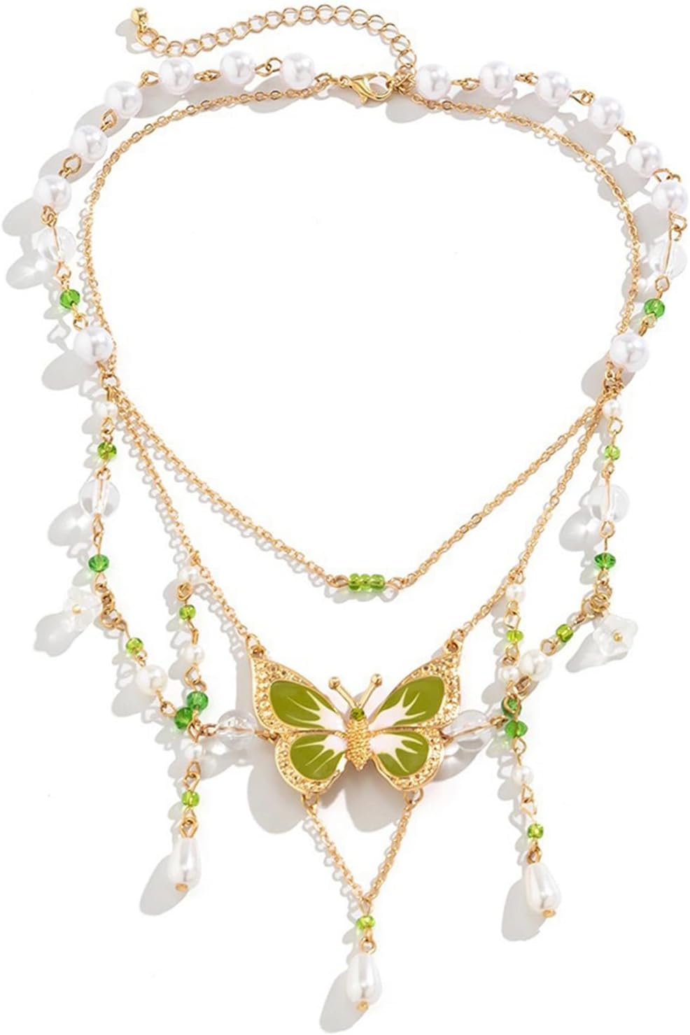 Butterfly Necklace for Women,Pink Tassel Butterfly Choker Necklaces,Layered Crystal Pearl Necklace,Fairy Jewelry,Elegant Jewelry Gifts for Women