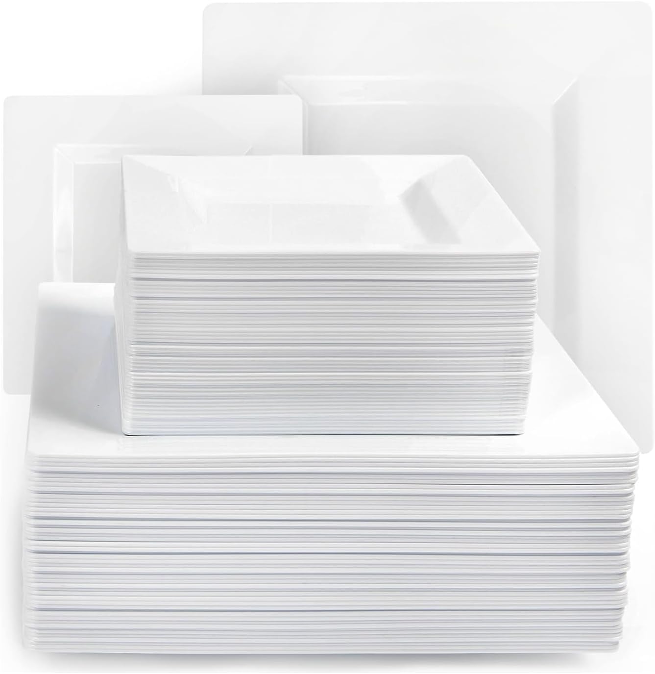 Aya's Cutlery Kingdom 200 Square Disposable Plates - White, Heavy-Duty 100 Plastic Dinner Plates (10-Inch) and 100 Salad Appetizer (7-Inch) for Weddings, Thanksgiving, Parties, Celebrations, Christmas