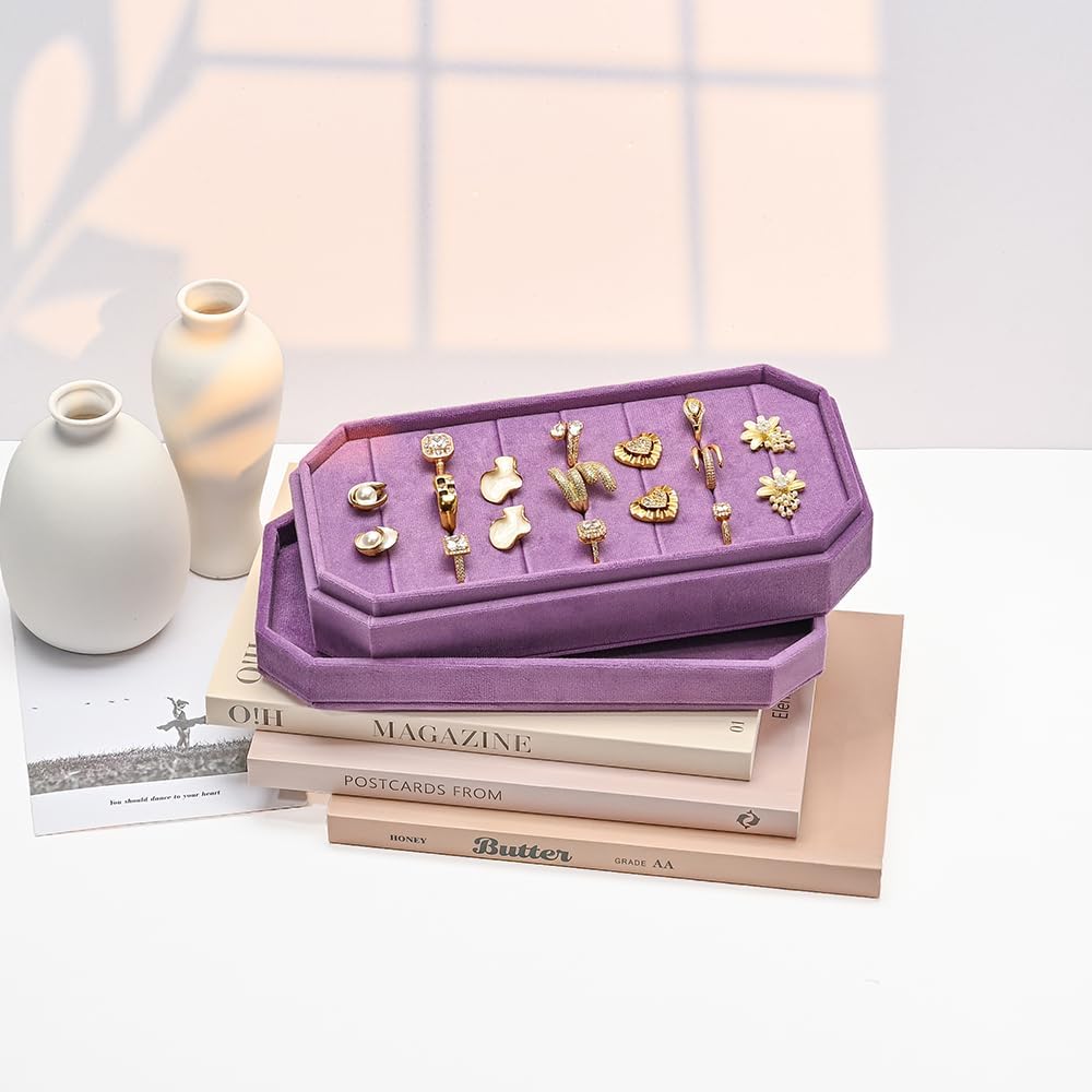 TAIMY Velvet Ring Display Tray Organizer – Soft Jewelry Storage Box for Rings, Elegant Velvet Holder for Jewelry Showcase, Counter or Home Use (Purple)