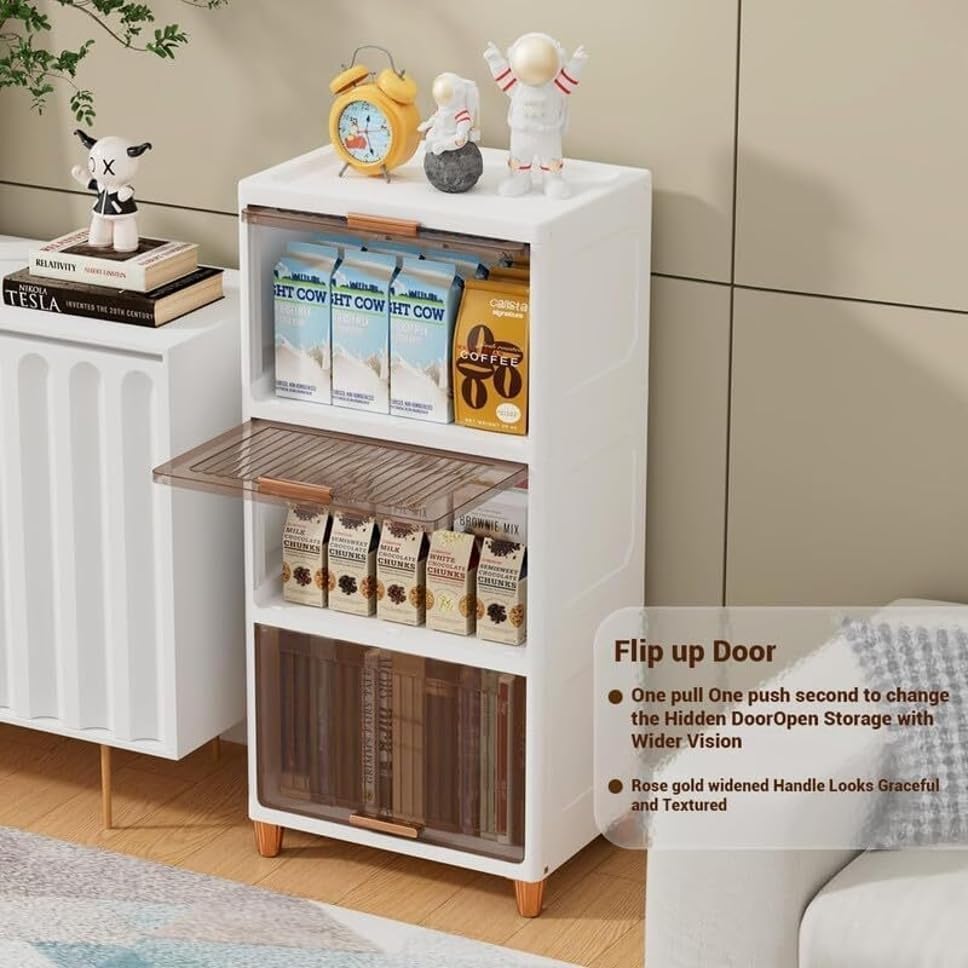 Image of BAMEOS ๐ ๐๐๐๐๐ Foldable Plastic Storage Cabinet with Transparent Flip Doors | Multipurpose Clothes Organizer Almirah Wardrobe for Clothes, Kitchen Cupboard | Plastic Storage Box - Beige