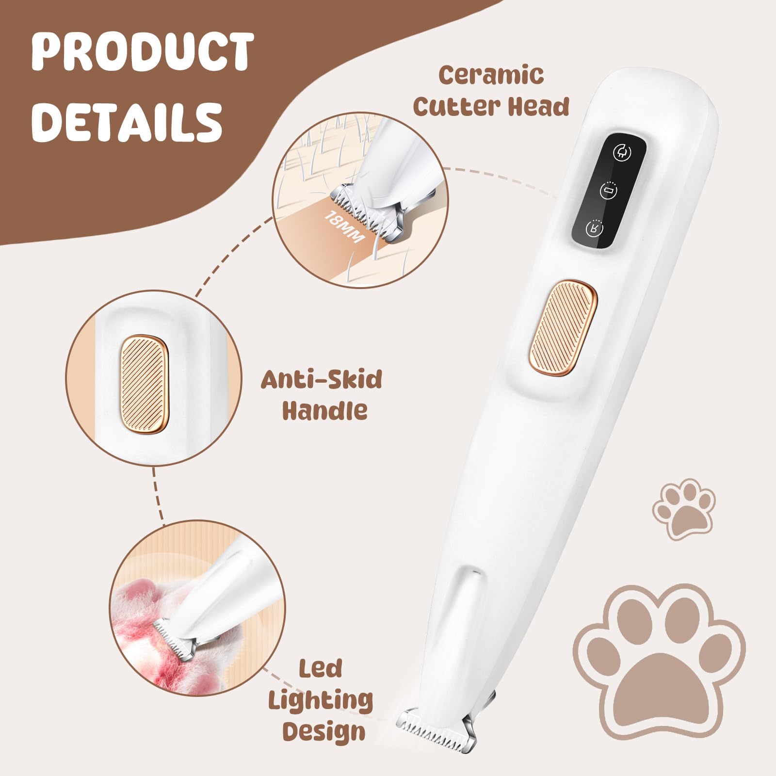 VicBou Tondeuse pour Chien et Chat - Rechargeable USB, Faible Bruit, Électrique avec LED - Pour Pattes, Yeux, Oreilles, Visage, Croupe