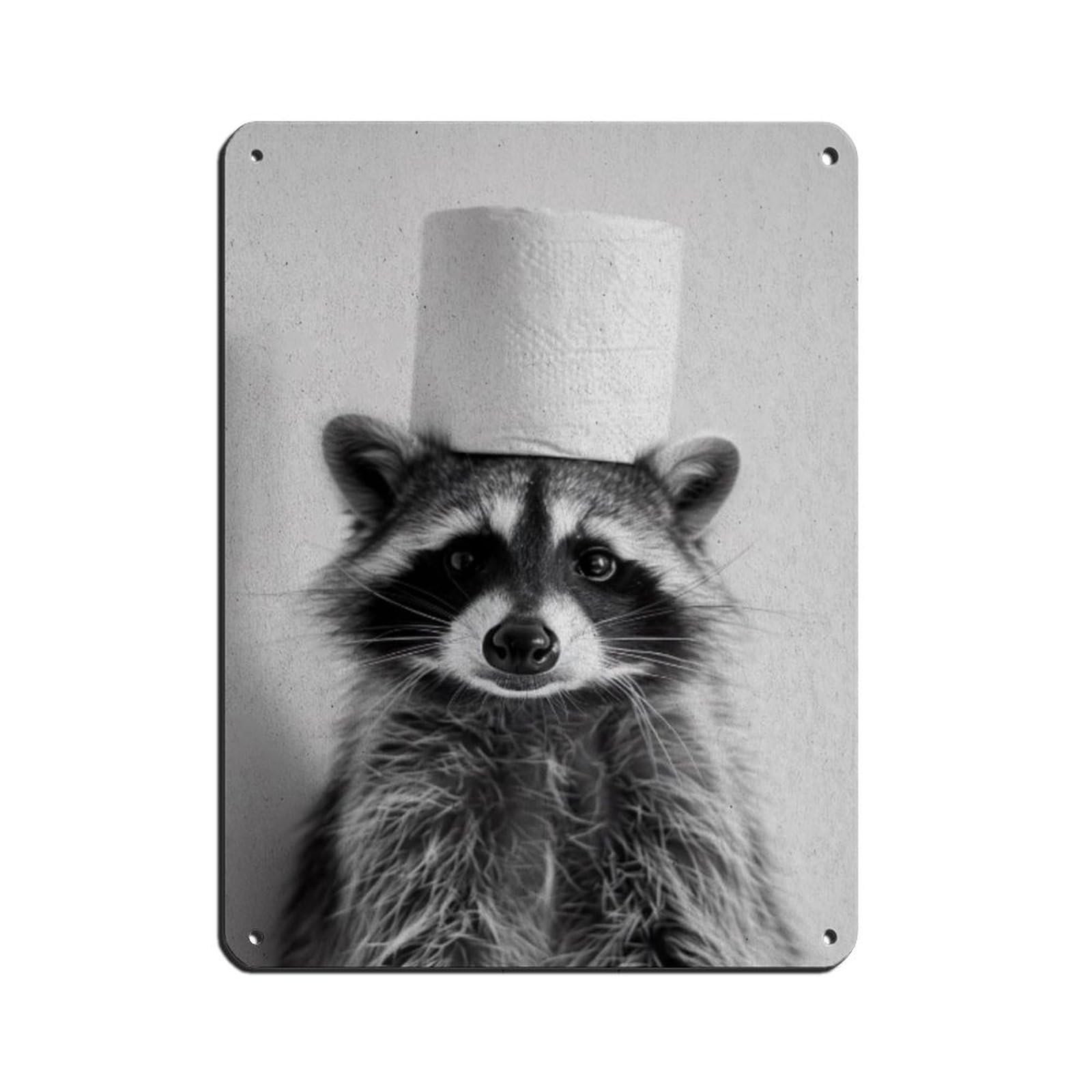 Raccoon with A Toilet Paper Roll on Head Tin Sign Vintage Metal Pub Club Cafe Bar Home Wall Art Decoration Poster Retro 12x16inch(30x40cm)