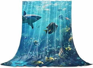 Ocean Shark Throw Flannel Blanket 50x80In Underwater World Coral Fish Summer Fantasy Super Soft Cozy Bed Blanket, Lightweight Plush Fuzzy Bed Throw for Bedroom Sofa Couch Living Room