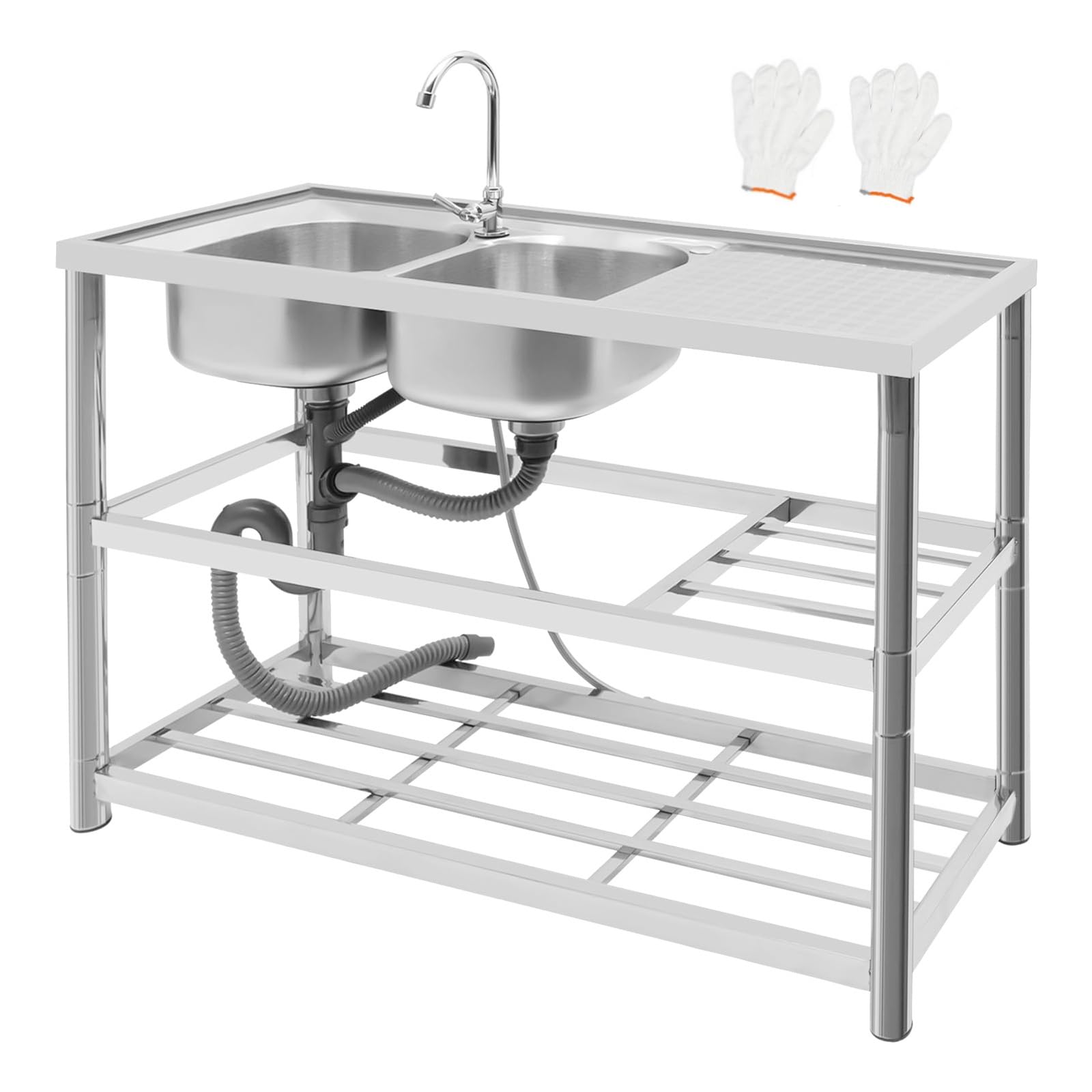 Lavello in Acciaio Inox Acciaio Inox Lavello da Cucina 120x45x80cm iLavello Da Cucina Indipendente Capacità di Carico di 100kg Lavandino da Esterno con Rubinetti 360° Lavello Cucina con Mobile