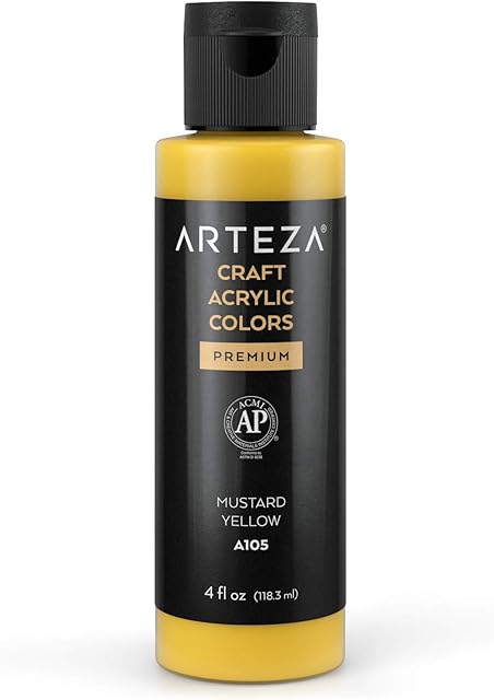 ARTEZA Craft Acrylic Paint, A105 Mustard Yellow, 118 ml Bottle, Water-Based, Blendable, Outdoor Craft Paint for Art & DIY Projects on Glass, Wood, Ceramics, Fabrics, Paper & Canvas