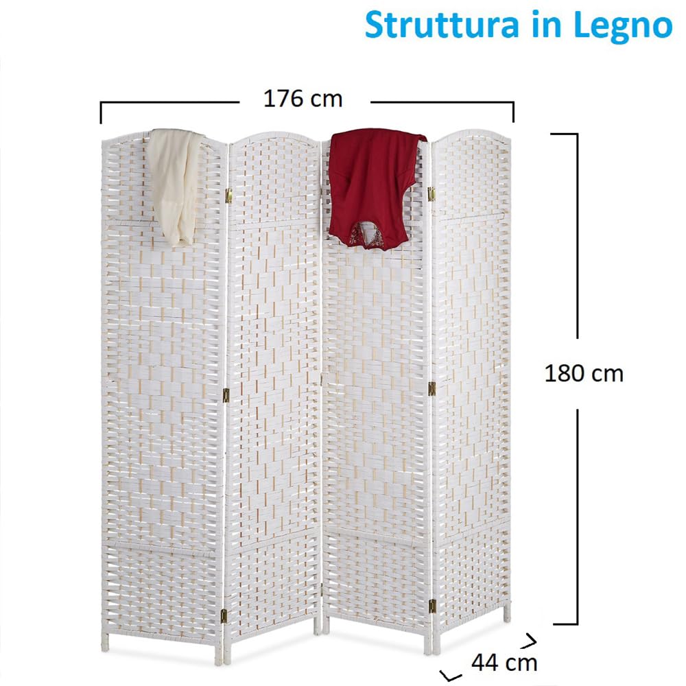 Paluplus Divisorio per Ambienti Pieghevole a 4 Pannelli, Misura 176x180 cm, Separè in Corda Intrecciata, Paravento Decorativo da Interno per Camera da Letto, Soggiorno, Ufficio -663F (Bianco)