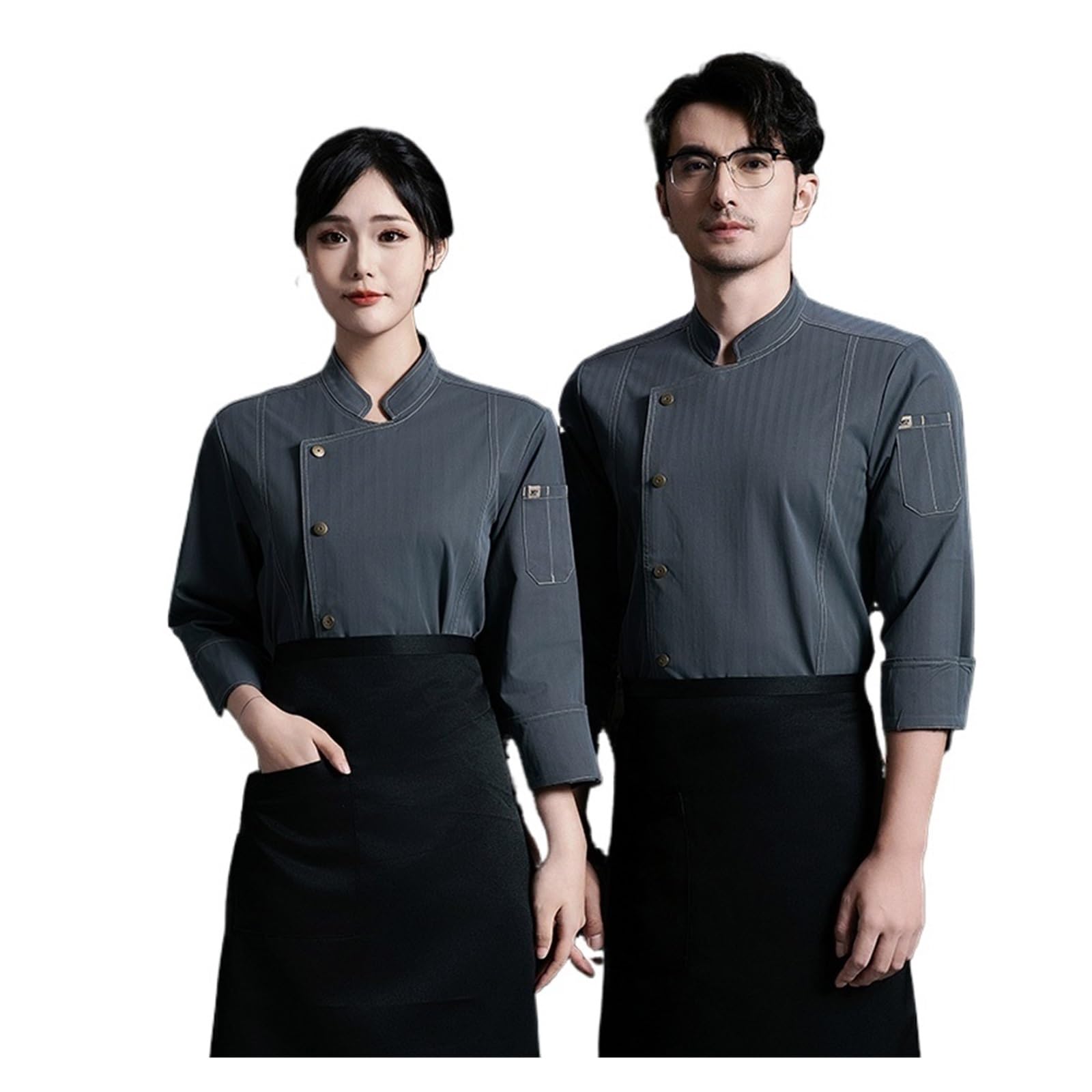 Ropa De Cocinero Chaqueta de chef de restaurante, delantal de manga larga, ropa de trabajo de cocina, cafetería, hotel, panadería, uniforme de chef, hombres, mujeres, camarero(Grey jacket Apron,XXL)