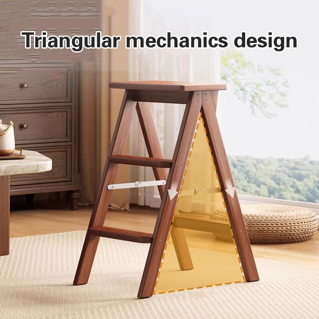 Sturdy Folding Step Ladder Chair,3 Steps Wood Foldable Ladder-Stool,Multi-Functional 3-in-1 Convertible Step Stools Display Flower Stand(Style-1)