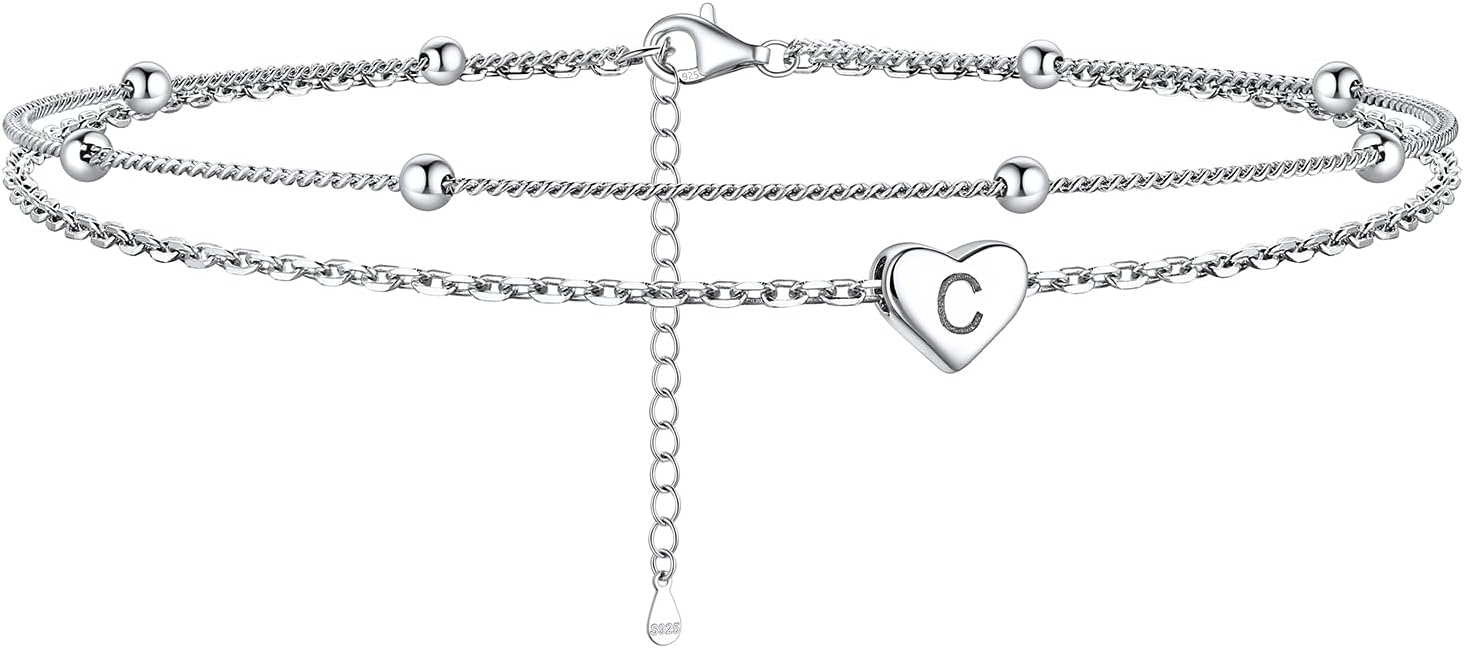 ChicSilver Sterling Silver Anklets for Women 925 Ankle Bracelets for Women Layered Heart Anklet With Beaded Anklets for Women