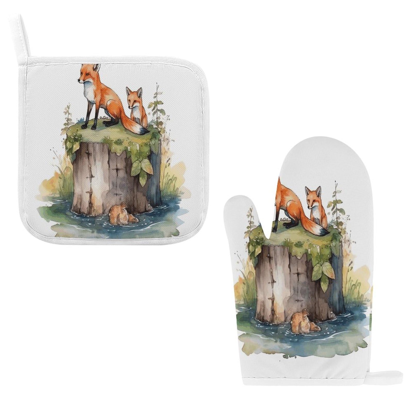 Btcowzrv Style Hand Drawn Fox Oven Mitts And Pot Holders 2Pcs Set