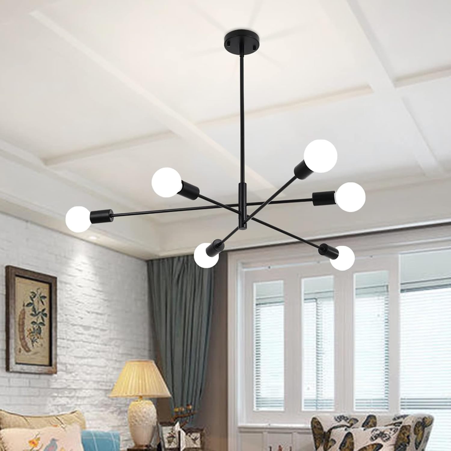 Sputnik Light Fixture,6-Light Black Sputnik Chandelier over Table,Mid Century Chandeliers for Dining/Living/Bedroom Kitchen Island(95% Assembled.)
